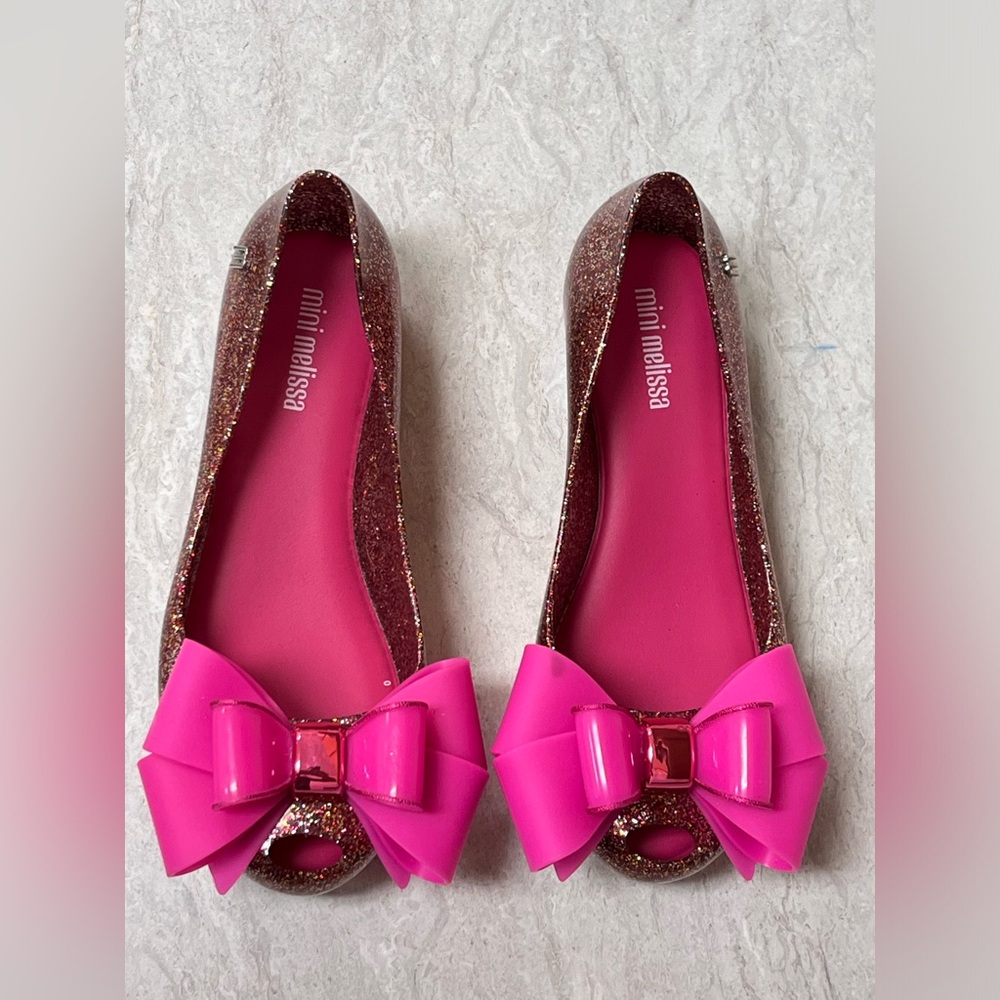 Mini Melissa Girls Glitter Pink Bow Dress Flats